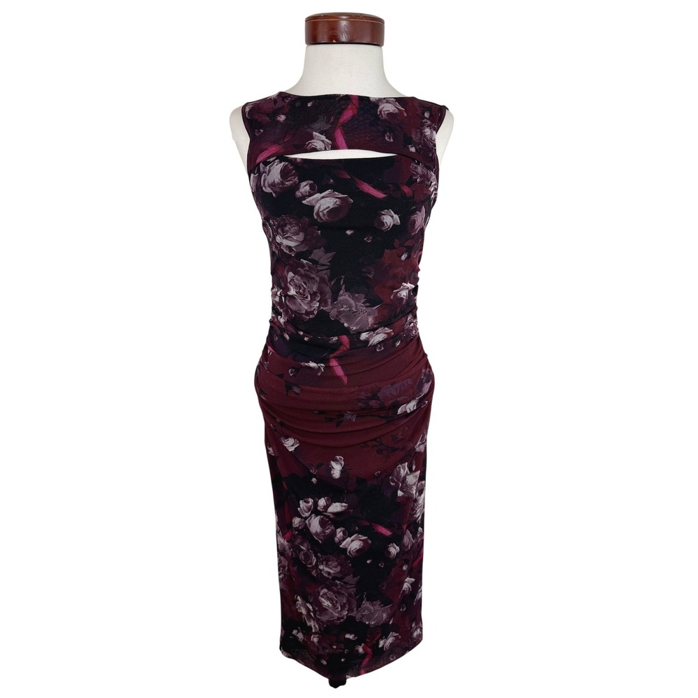 Fuzzi Italy Floral Mesh Ruched Midi Dress Burgundy Cutout Bodycon Designer M‎